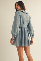 LovLov Washed Denim Sailor Collar Mini Dress in Vintage Denim