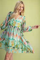 GiGio Mixed Print Dress With Scalloped Trim in Green Mix