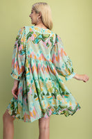 GiGio Mixed Print Dress With Scalloped Trim in Green Mix