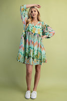 GiGio Mixed Print Dress With Scalloped Trim in Green Mix
