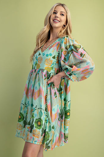 GiGio Mixed Print Dress With Scalloped Trim in Green Mix