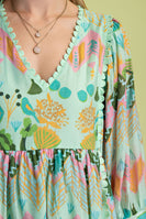 GiGio Mixed Print Dress With Scalloped Trim in Green Mix