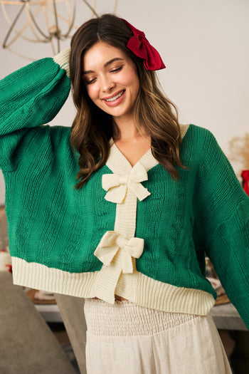 LovLov Knit Cardigan with Bow Front Details in Jade/Oatmeal