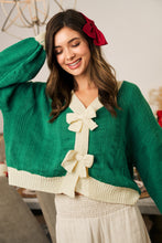 Load image into Gallery viewer, LovLov Knit Cardigan with Bow Front Details in Jade/Oatmeal
