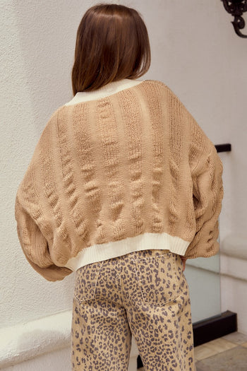 LovLov Knit Cardigan with Bow Front Details in Mocha Mousse/Oatmeal