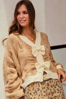 LovLov Knit Cardigan with Bow Front Details in Mocha Mousse/Oatmeal