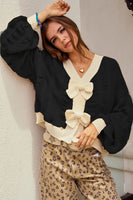 LovLov Knit Cardigan with Bow Front Details in Black/Oatmeal