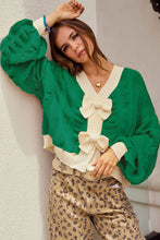Load image into Gallery viewer, LovLov Knit Cardigan with Bow Front Details in Jade/Oatmeal
