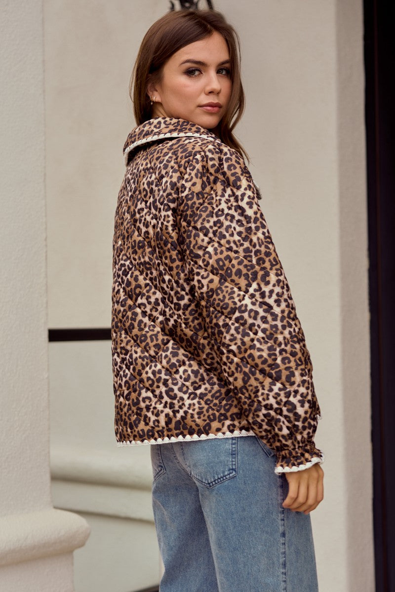 LovLov Vintage Quilted Jacket with Embroidered Trim in Leopard