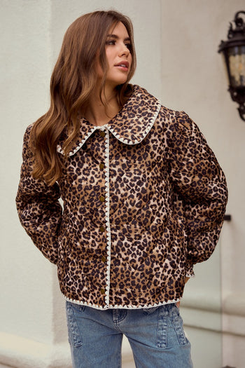 LovLov Vintage Quilted Jacket with Embroidered Trim in Leopard/Ivory