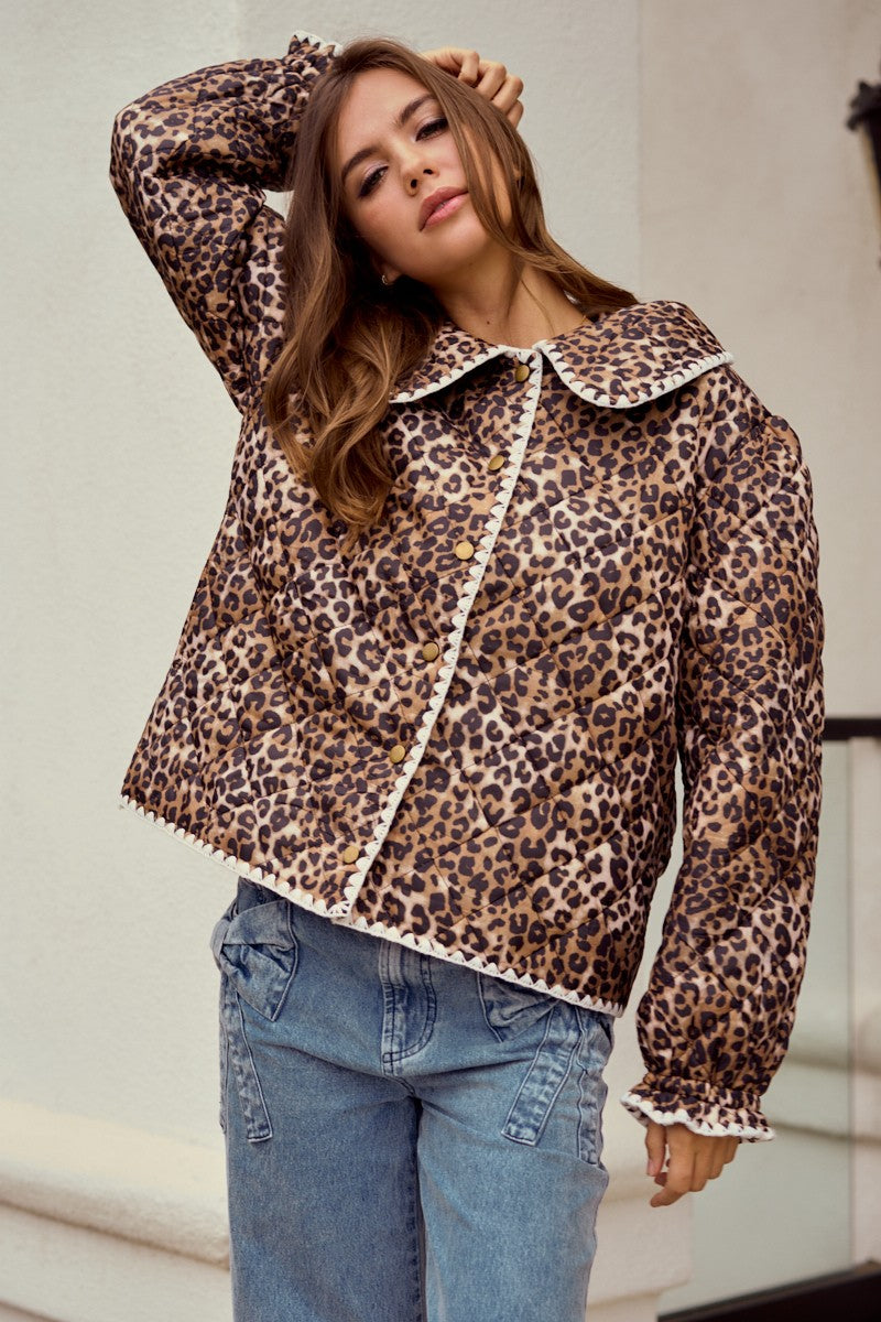 LovLov Vintage Quilted Jacket with Embroidered Trim in Leopard
