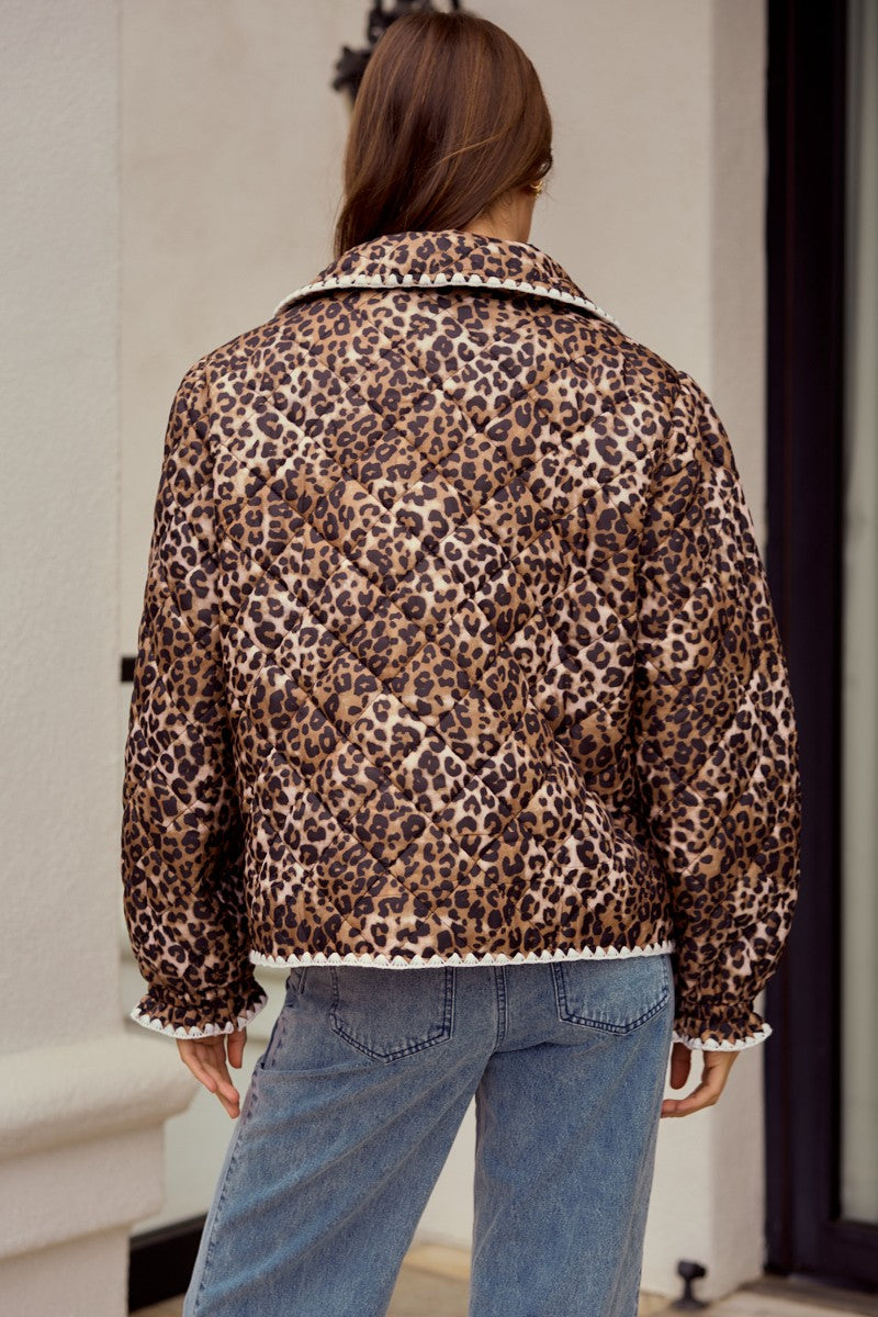 LovLov Vintage Quilted Jacket with Embroidered Trim in Leopard