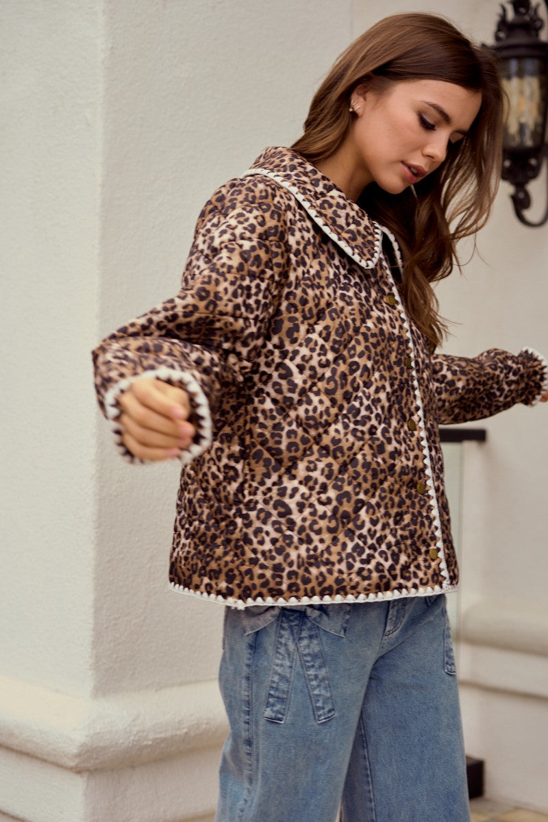 LovLov Vintage Quilted Jacket with Embroidered Trim in Leopard