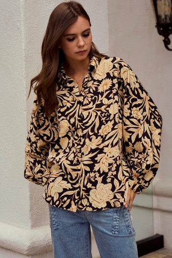 LovLov Ethnic Floral Print Woven Top in Black