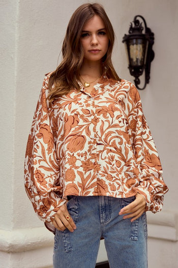 LovLov Ethnic Floral Print Woven Top in Mocha Mousse