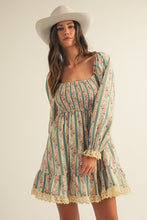 Load image into Gallery viewer, LovLov French Style Floral Print and Lace Mini Dress in Dusted Olive
