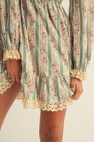 LovLov French Style Floral Print and Lace Mini Dress in Dusted Olive