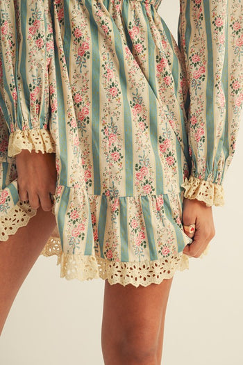 LovLov French Style Floral Print and Lace Mini Dress in Dusted Olive