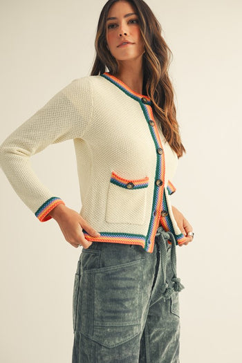 LovLov Knit Cardigan with Multi Colored Striped Trim in Ivory