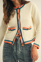 LovLov Knit Cardigan with Multi Colored Striped Trim in Ivory