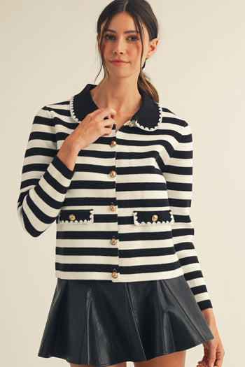 LovLov Luxe Antique Button Classic Cardigan in Lily White & Black
