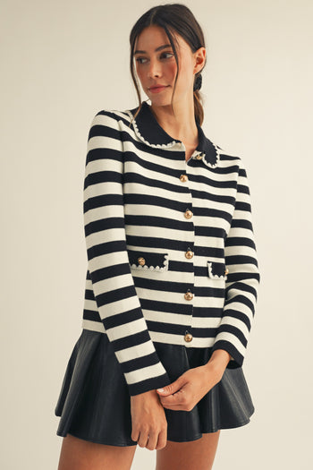 LovLov Luxe Antique Button Classic Cardigan in Lily White & Black
