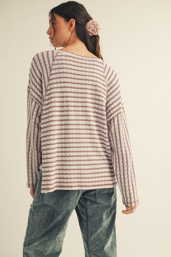 LovLov Textured Striped Top in Mocha/Cream