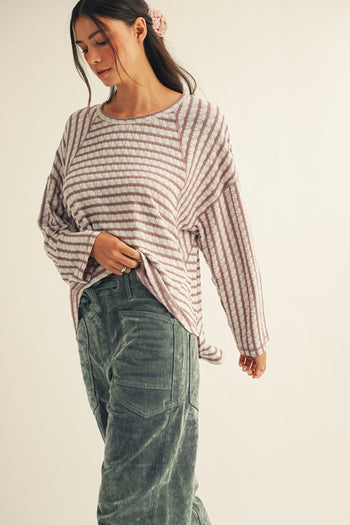 LovLov Textured Striped Top in Mocha/Cream