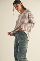 LovLov Textured Striped Top in Mocha/Cream