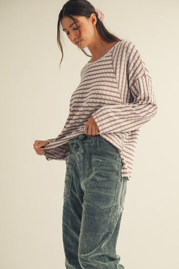 LovLov Textured Striped Top in Mocha/Cream