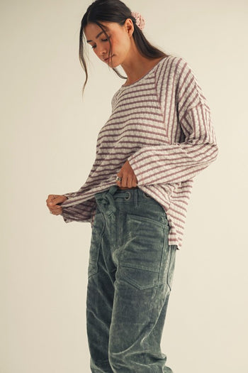 LovLov Textured Striped Top in Mocha/Cream