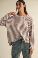 LovLov Textured Striped Top in Mocha/Cream