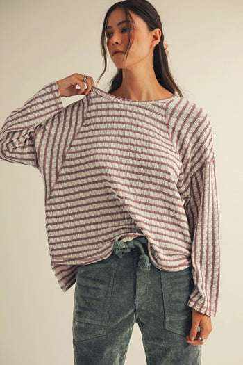 LovLov Textured Striped Top in Mocha/Cream