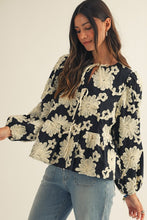 Load image into Gallery viewer, LovLov Contrasting Color 3D Flower Peplum Top in Black/White
