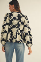LovLov Contrasting Color 3D Flower Peplum Top in Black/White