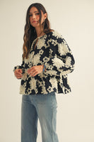LovLov Contrasting Color 3D Flower Peplum Top in Black/White