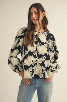 LovLov Contrasting Color 3D Flower Peplum Top in Black/White