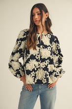 Load image into Gallery viewer, LovLov Contrasting Color 3D Flower Peplum Top in Black/White
