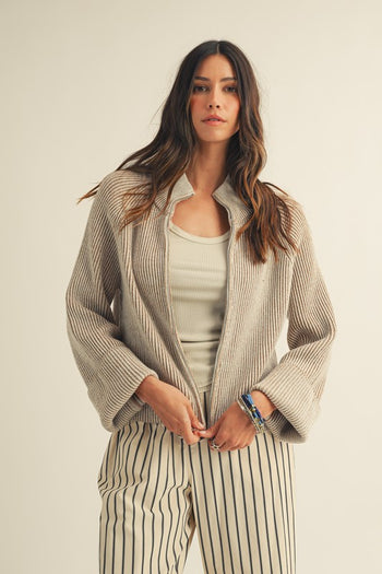 LovLov Textured Knit Front Zip Cardigan in Pefrified Wood