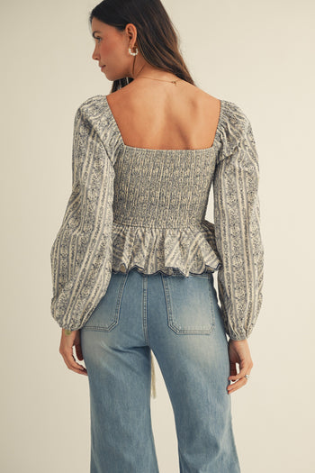 LovLov Floral and Striped Peplum Top in Dream Blue