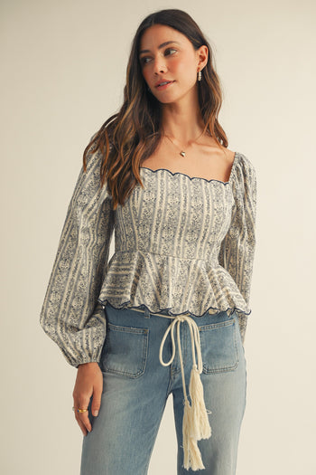 LovLov Floral and Striped Peplum Top in Dream Blue