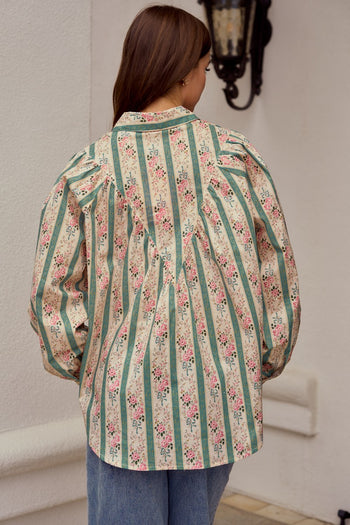 LovLov OVERSIZED Floral Striped Button Down Top in Sage