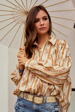 Load image into Gallery viewer, LovLov OVERSIZED Floral Striped Button Down Top in Mocha Musse
