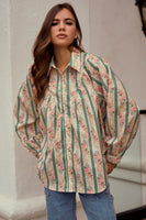 LovLov OVERSIZED Floral Striped Button Down Top in Sage