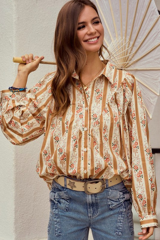 LovLov OVERSIZED Floral Striped Button Down Top in Mocha Musse