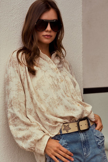 LovLov OVERSIZED Floral Button Down Top in Oatmeal
