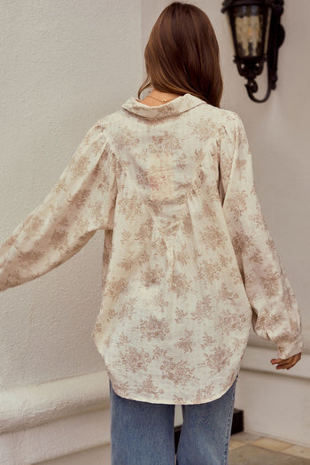 LovLov OVERSIZED Floral Button Down Top in Oatmeal