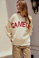 LovLov Knit Sweater with "Game Day" Yoga Lettered Front in Ivory/Burgundy