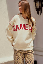 Load image into Gallery viewer, LovLov Knit Sweater with &quot;Game Day&quot; Yoga Lettered Front in Ivory/Burgundy
