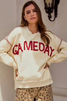 LovLov Knit Sweater with "Game Day" Yoga Lettered Front in Ivory/Burgundy